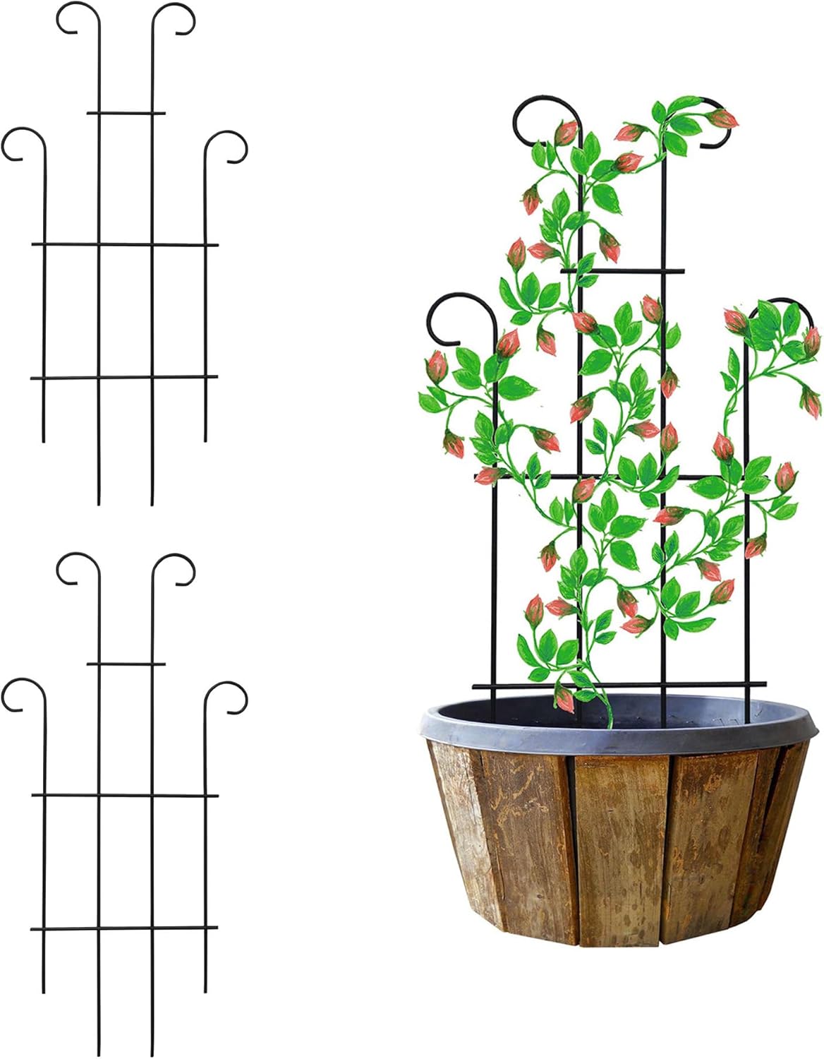2 Pack Black Coated Wave Pot Trellis Panel 31'' Plant Stakes for Climbing Plants Outdoor Roses
