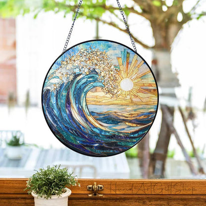 The Ocean Waves and The Sunrise Suncatcher -7.9 in Stained Glass Window Hanging Sun Catcher Garden