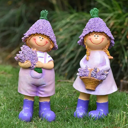 Lavender Series Resin Garden Statues - Couple Boy & Girl Decor, Ideal for Outdoor Patio, Lawn