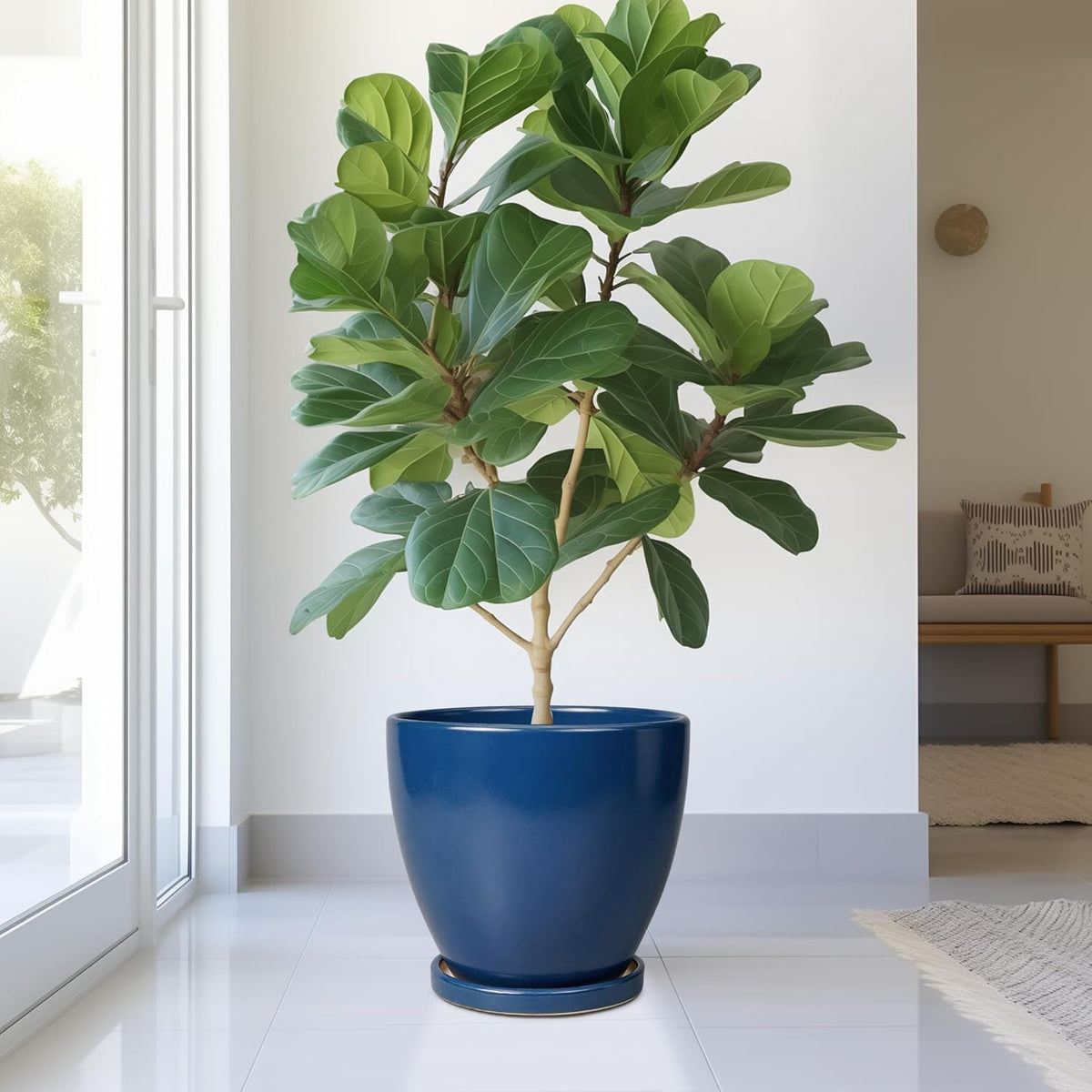10 Inch Plant Pot - Ceramic Planter with Drainage Hole and Saucer, Modern Flower Pot, Round