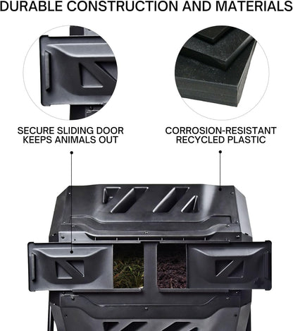 Dual Chamber Tumbling Composter 42 Gal (160L) Black Rotating Outdoor Compost Bin, Double Chamber