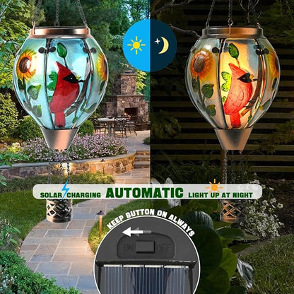 Hot Air Balloon Solar Lantern - Large Cardinal Bird Glass Lantern, Simulated Flickering & Dancing