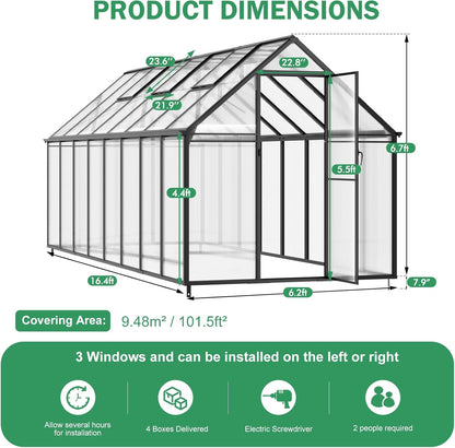 CDCASA 10x16x10 FT Greenhouse for Outdoors, Large Thicker Aluminum Polycarbonate Greenhouses w/3