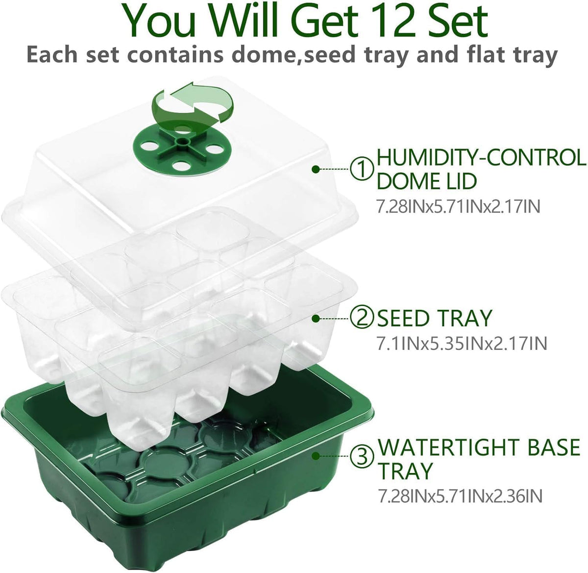 Seed Starter Tray, 12 Set Seedling Kits with Adjustable Humidity Dome, Plant Starter Kit for Seeds