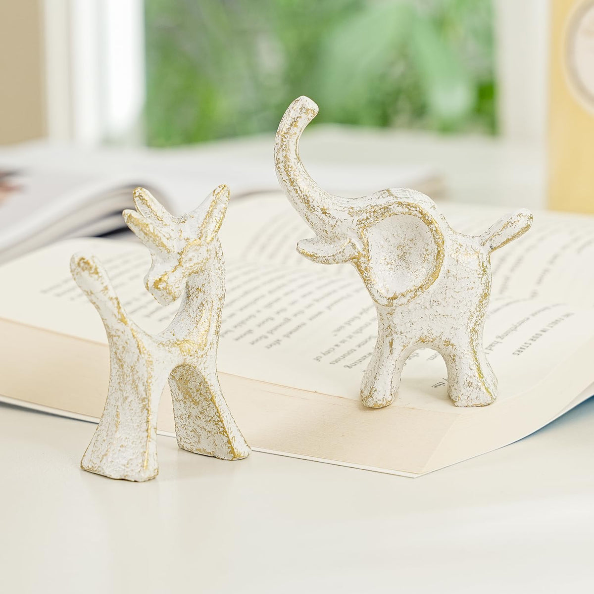 Sungmor Set of 2 Cast Iron Elephant & Unicorn Figurines - Rustic White Animal Sculptures for Shelf