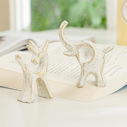 Sungmor Set of 2 Cast Iron Elephant & Unicorn Figurines - Rustic White Animal Sculptures for Shelf
