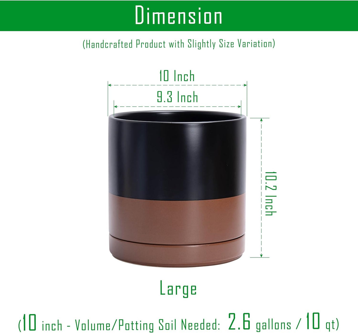 D'vine Dev 10 Inch, Ceramic Planter Pot with Drainage Hole and Saucer, Indoor Cylinder Round