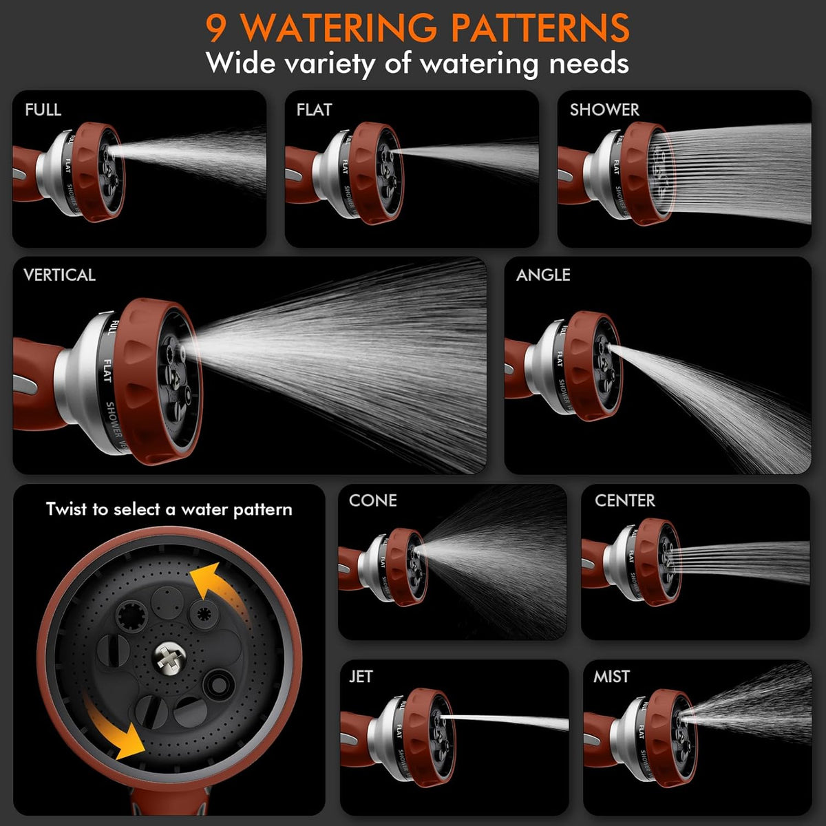 RESTMO Hose Nozzle Heavy Duty, Metal Water Hose Sprayer for Garden, 9 Spray Patterns | High