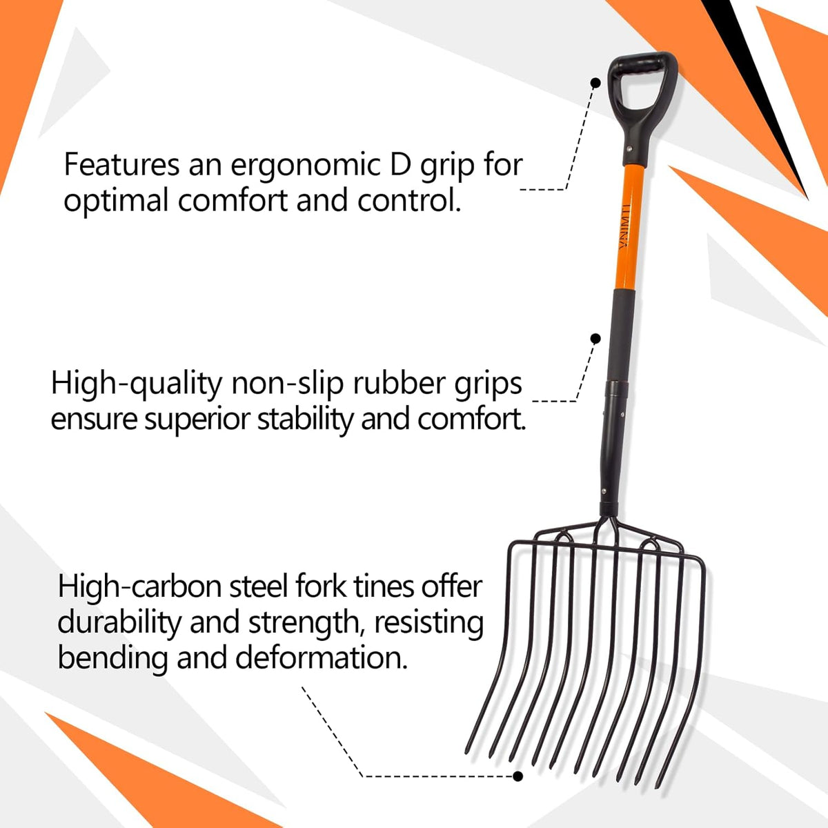 VNIMTI Pitch Fork for Gardening, 10 Tines Wide Pitch Fork with Fiberglass Handle, Heavy Duty Pitch