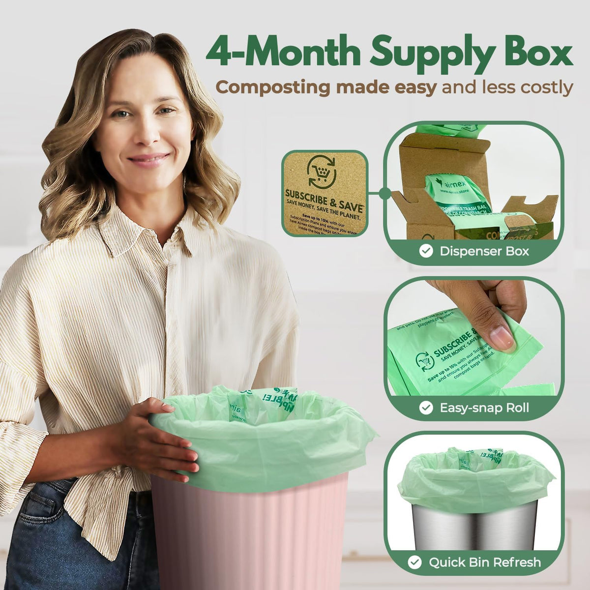 Compost Bags for Countertop Bin -Compostable Trash Bags made of Cornstarch - Leakproof & Tear