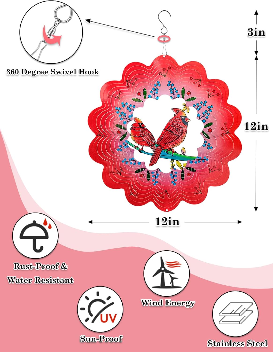 Cardinal Wind Spinners Outdoor Garden Decor for Outside - 12 Inch 3D Stainless Steel Metal Wind