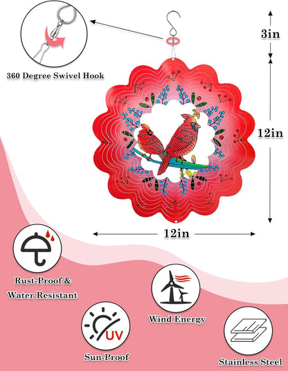 Cardinal Wind Spinners Outdoor Garden Decor for Outside - 12 Inch 3D Stainless Steel Metal Wind