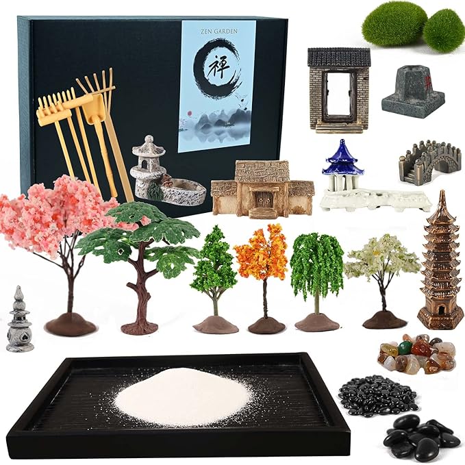 14" x 10" Large Japanese Zen Garden Kit for Desk – Includes 25+ Accessories: Sand Tray, Rake