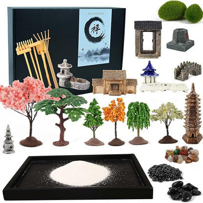14" x 10" Large Japanese Zen Garden Kit for Desk – Includes 25+ Accessories: Sand Tray, Rake