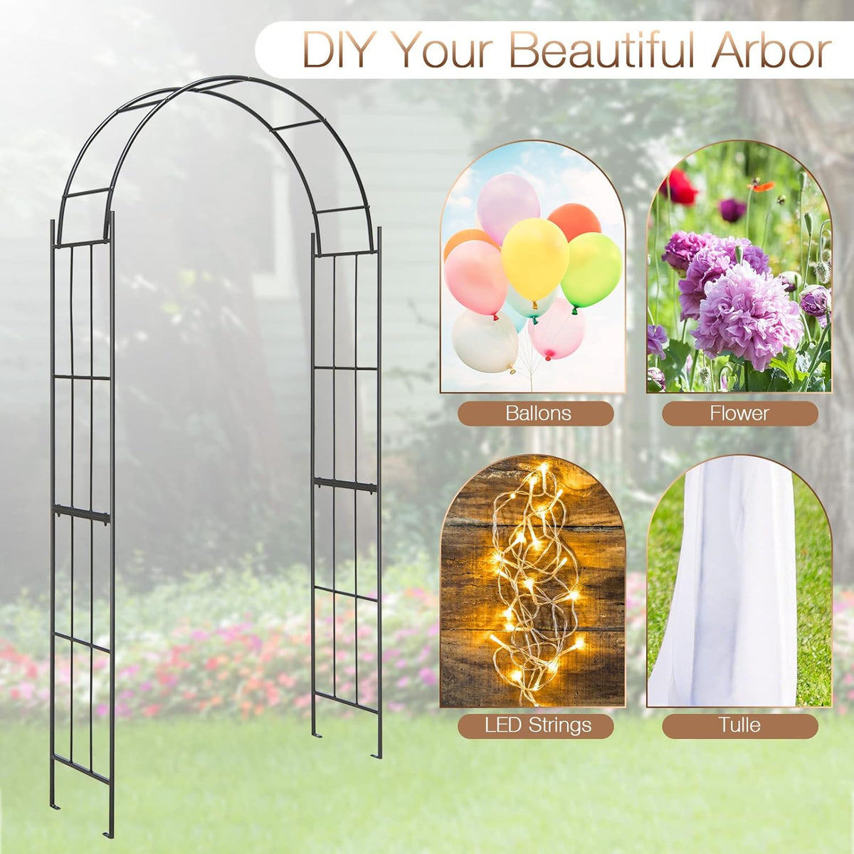 HAPPYGRILL Garden Arch, Garden Arbor with Trellis, Outdoor Garden Arbor with Stakes, Metal Garden