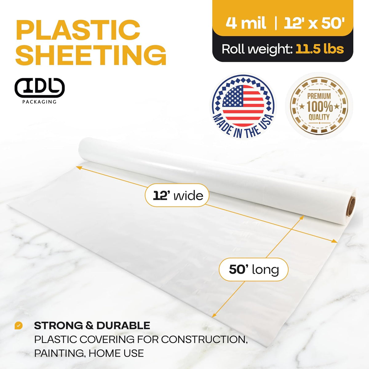 Plastic Sheeting 4 mil, 12' x 50' (600 sq. ft.) - Semi-Clear LDPE Film Roll - Plastic Covers for
