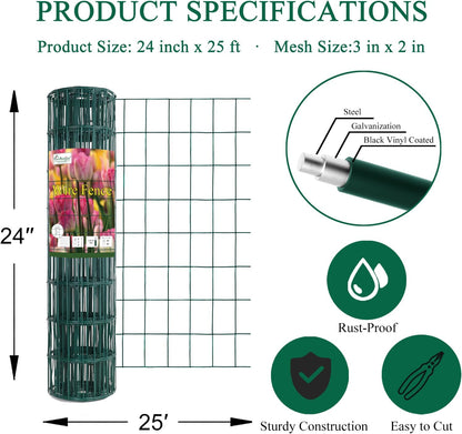 Green PVC Coated Welded Wire Fence 24 Inch x 25 Foot, 2 Inch x 3 Inch 16GA, Garden Border Fencing