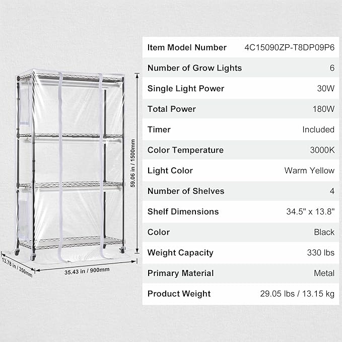 VEVOR Plant Stand with Grow Light, Grow Light Shelf with Cover and Thermometer, 4 Tiers 180W Plant