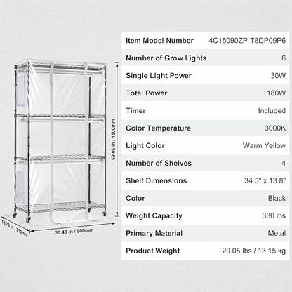 VEVOR Plant Stand with Grow Light, Grow Light Shelf with Cover and Thermometer, 4 Tiers 180W Plant