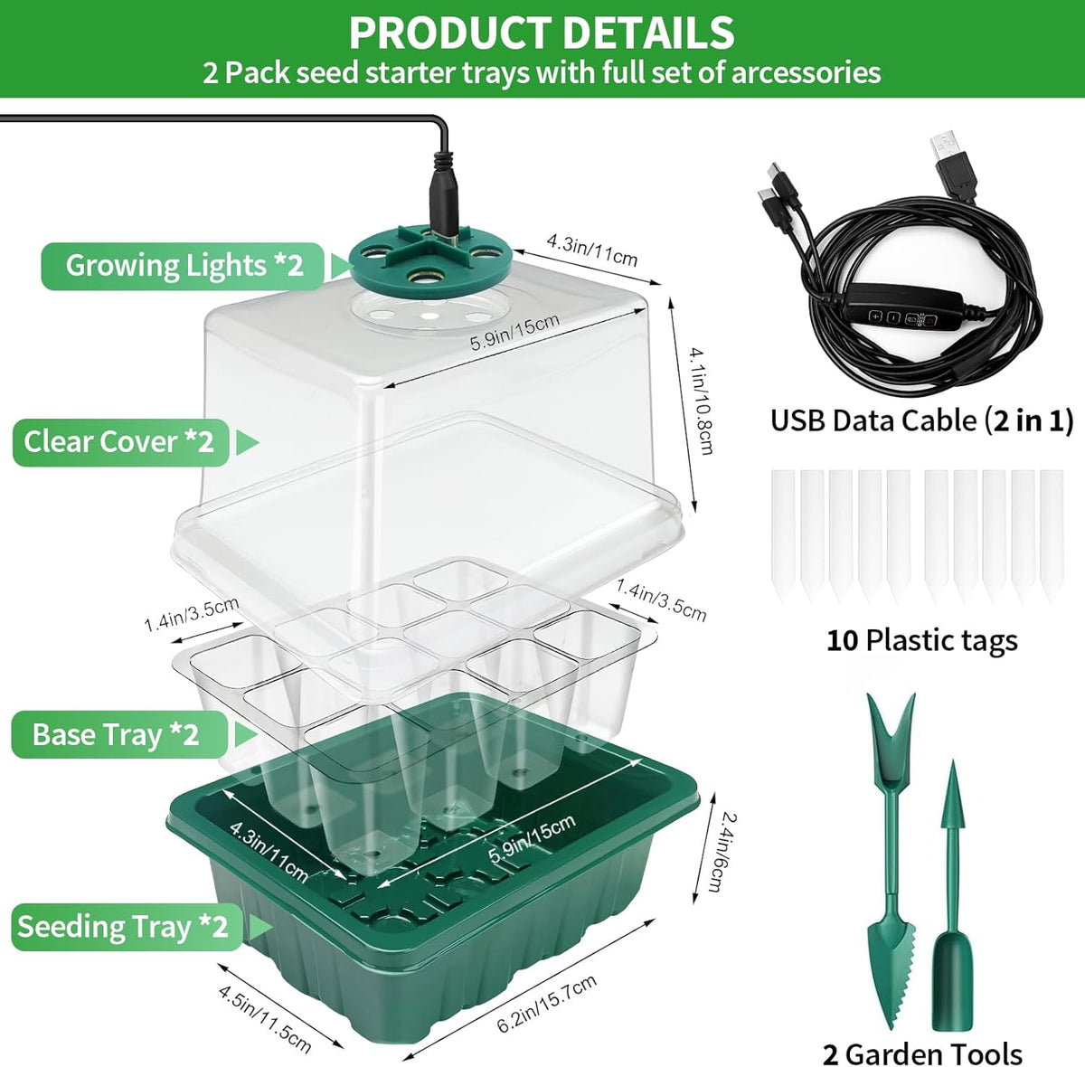 Seed Starter Tray with Plant Light, 4 Pack Grow Lights for Seed Starting Kit with Humidity Domes
