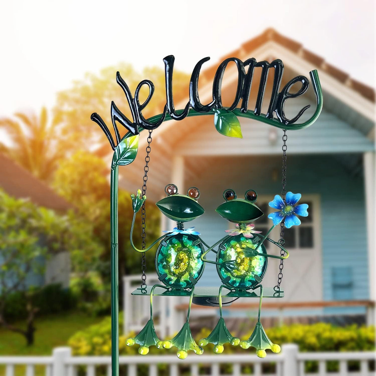 HONGLAND Outdoor Garden Solar Lights,Frog Swing Garden Decor,Frog Decorative Stake with Welcome