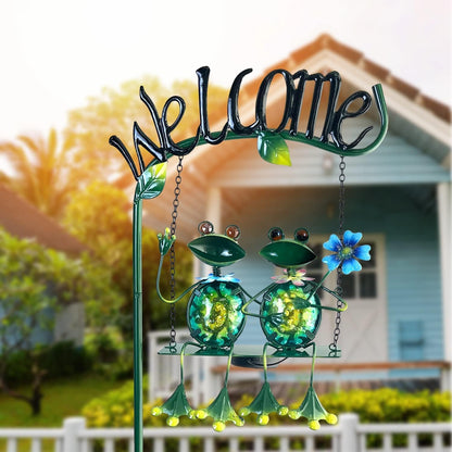 HONGLAND Outdoor Garden Solar Lights,Frog Swing Garden Decor,Frog Decorative Stake with Welcome