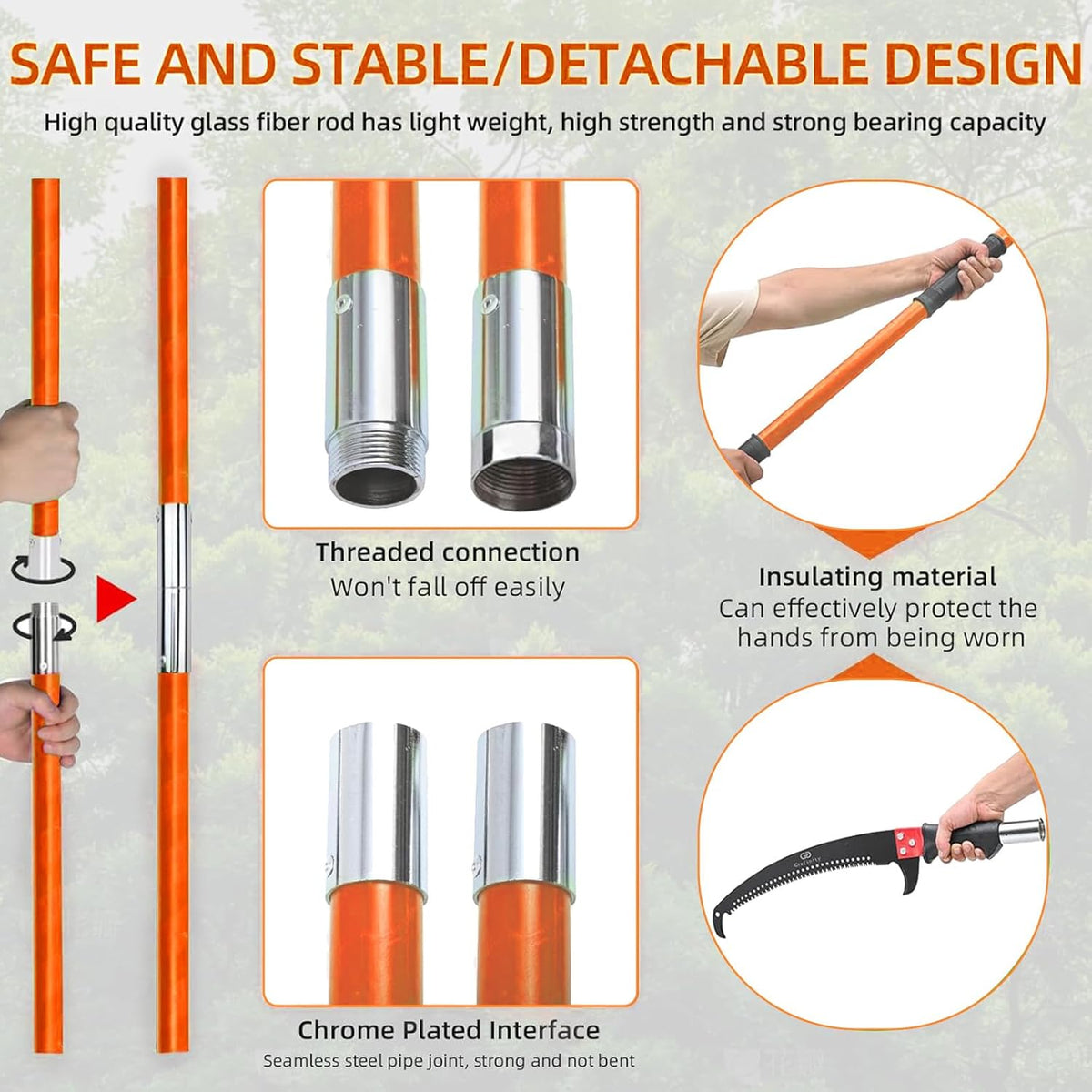 27FT Manual Pole Saw, Tree Branch Trimmer with 8-Section Fiberglass Handle, Sharp Steel Blade