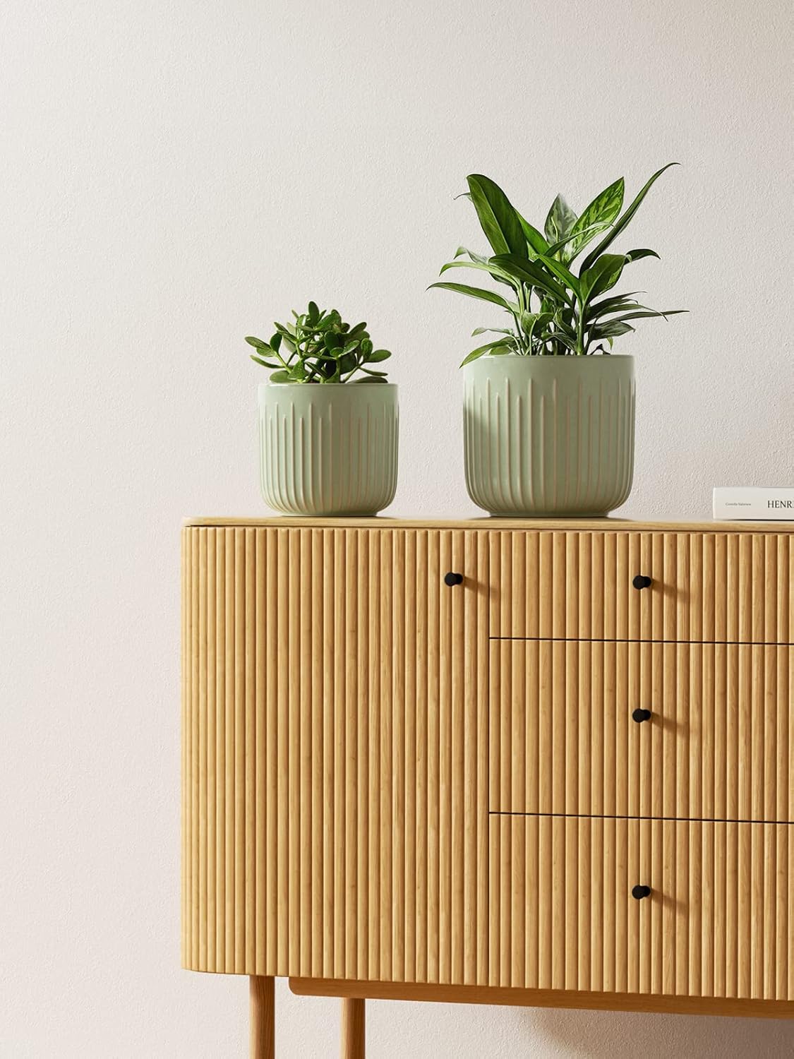 LE TAUCI Fluted Ceramic Planters Set of 3 – 8.3/7 / 5.7 in Sage Green Reactive Cylinder Indoor