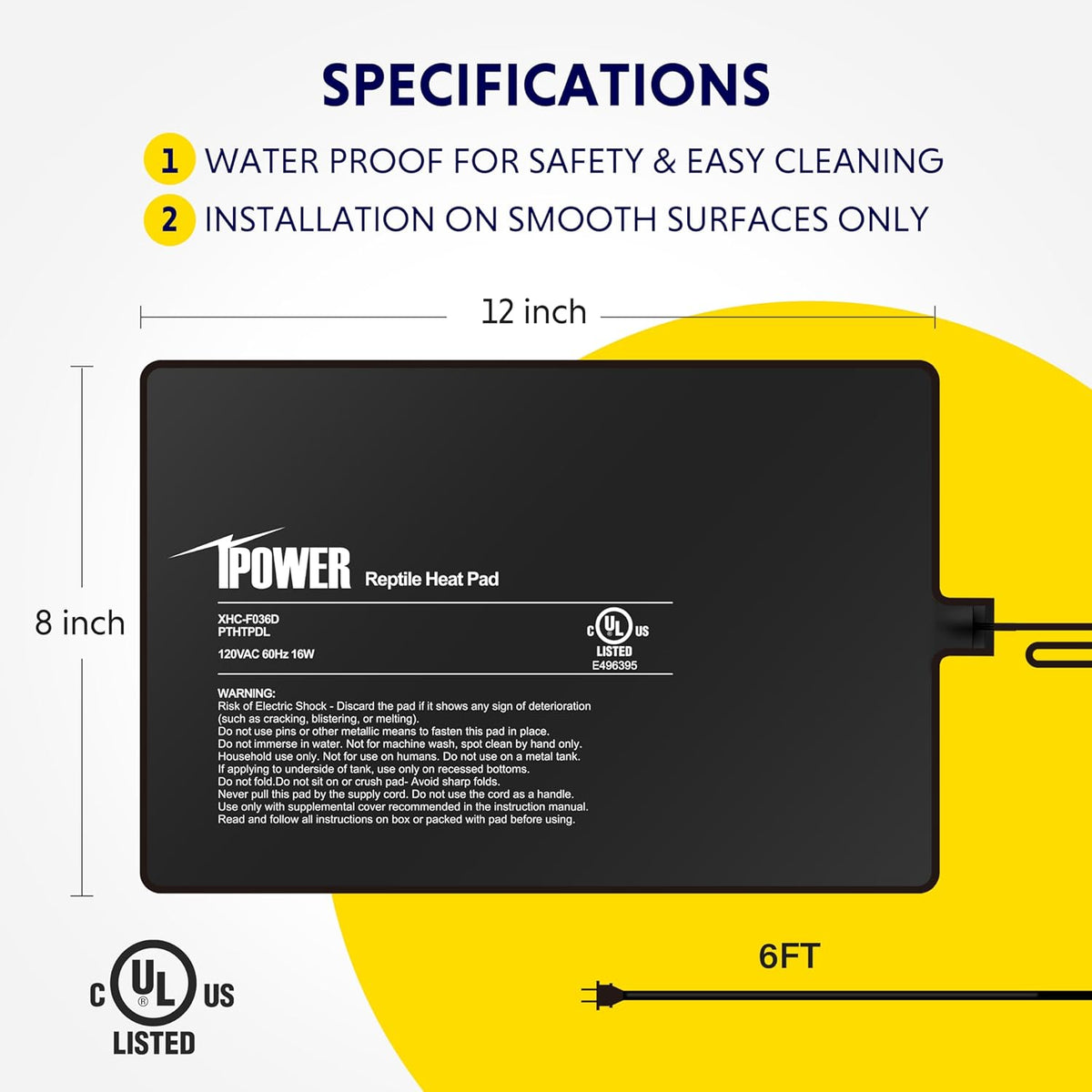 iPower 8X12 Inch Reptile Heat Pad Under Tank Heater Terrarium Warmer Heating Mat for Turtles