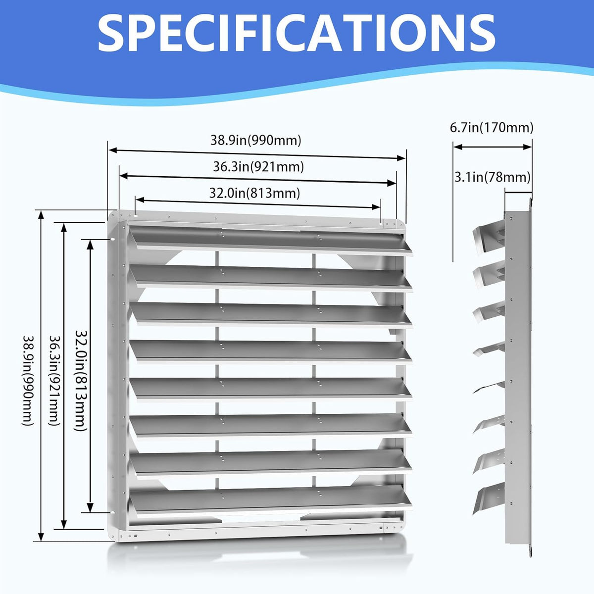 36 Inch Galvanized Shutter Exhaust Louver Vent, Automatic Gravity Shutter Louver Vent for Home