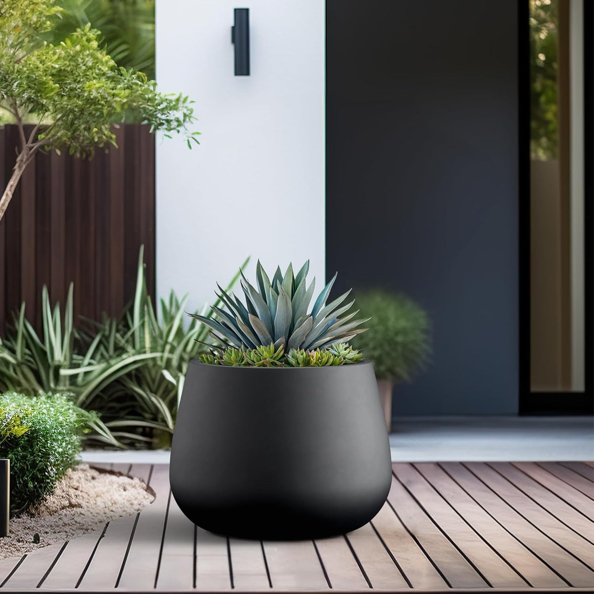 Kante Curva Series Planter, 14.8 Inch Round Concrete Garden Pot with Draiange Hole and Rubber Plug