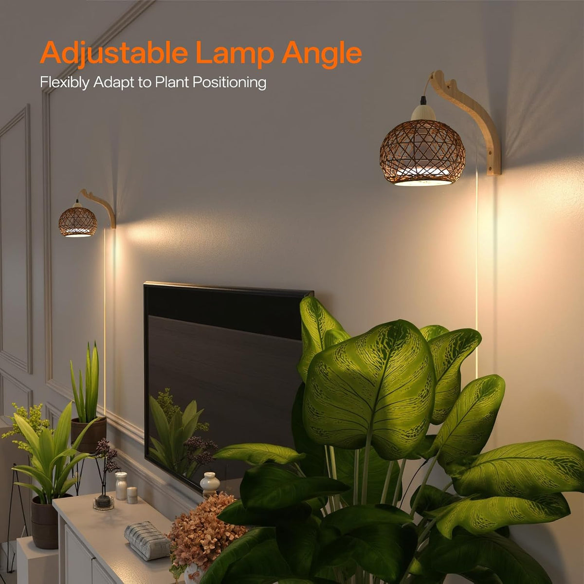 Bstrip Hanging Grow Lights for Indoor Plants, 18W Full Spectrum, Boho Rattan Lantern Shade, 3800K
