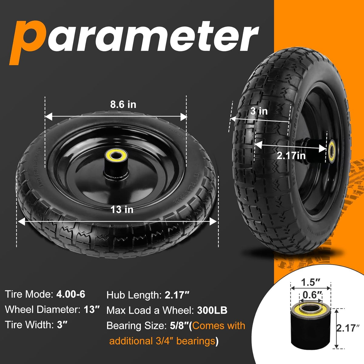 13" Flat Free Wheels Replacement for GOR Garden Cart Tires, 4.00-6 Solid Tires with 5/8"Bearings