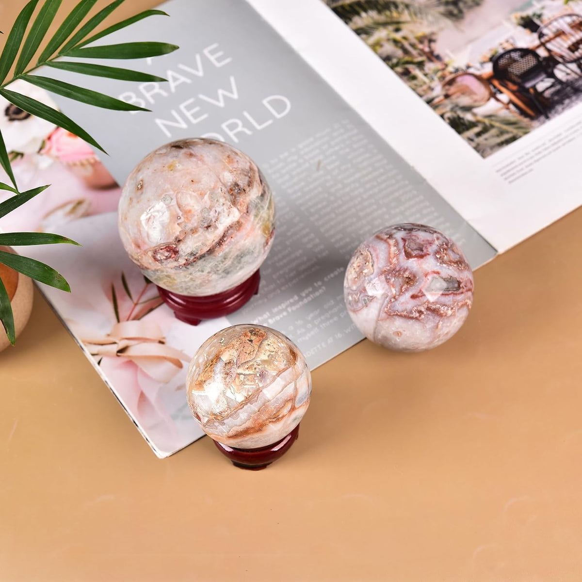 JIC Gem Striped Agate Crystal Ball with Wooden Stand Healing Crystal Sphere Ball for Feng Shui
