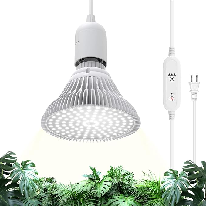 Bstrip Hanging Grow Lights for Indoor Plants, 25W Full Spectrum, White Plant Light Bulb with Timer