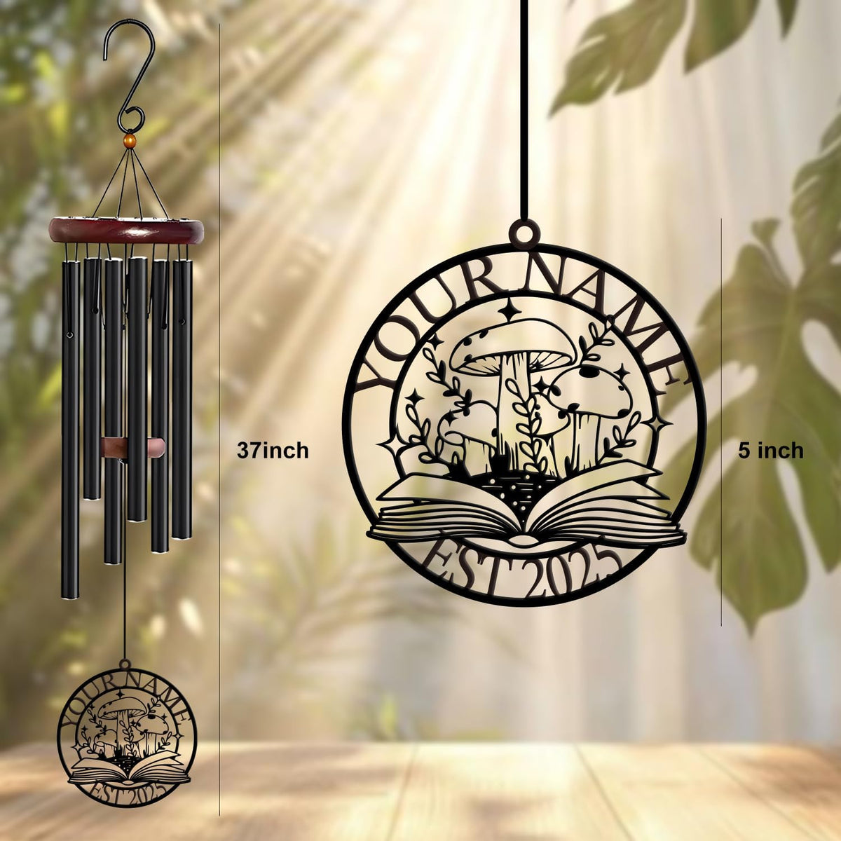 Personalized Customize Name Fantasy Mushroom Wonderland Wind Chime, Metal Iron 37 Inch Outdoor