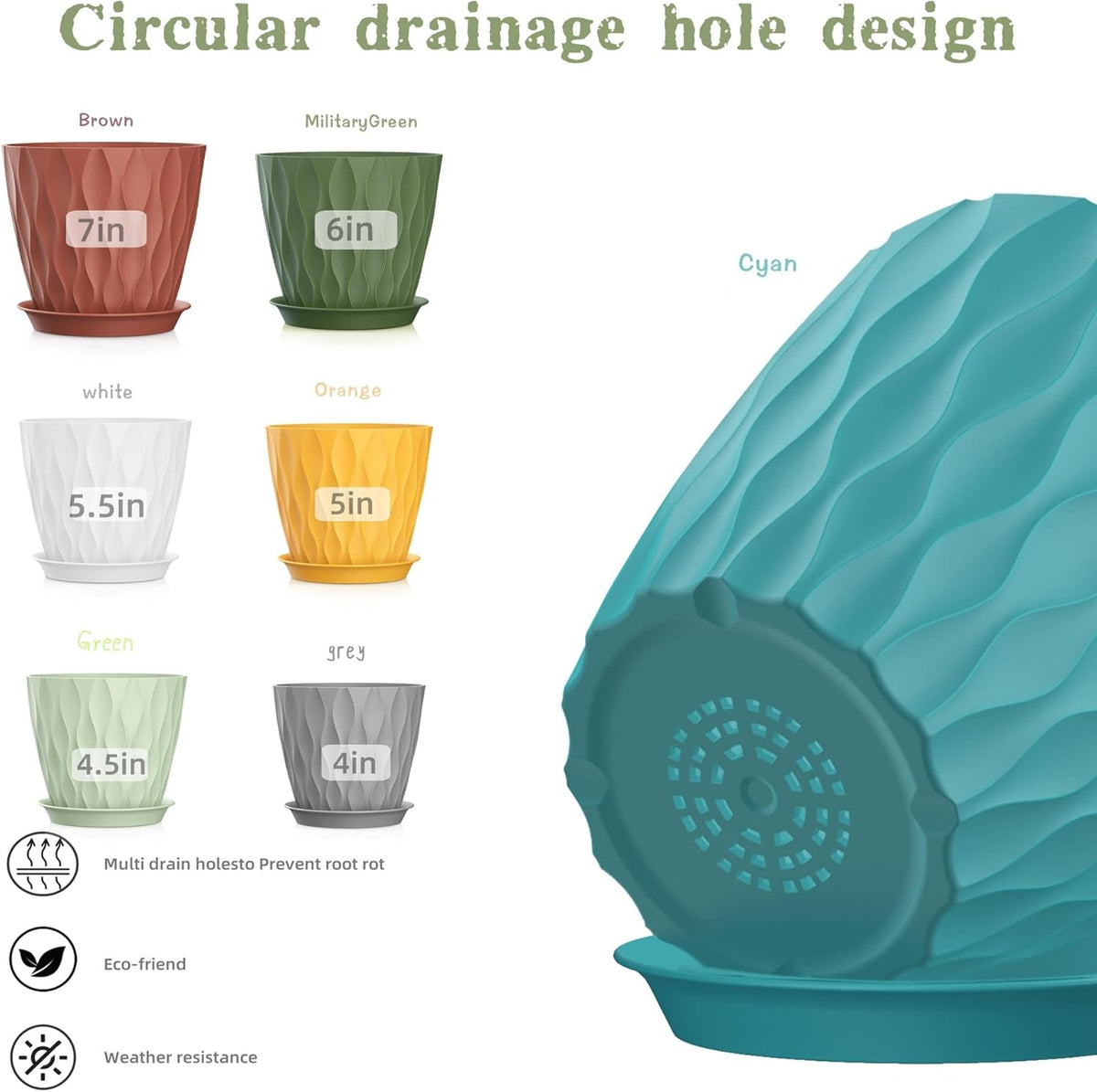 4/4.5/5/5.5/6/6.5/7 Inch Plant Pots,7 Pack Flower Pots with Drainage Holes and Trays,Plastic