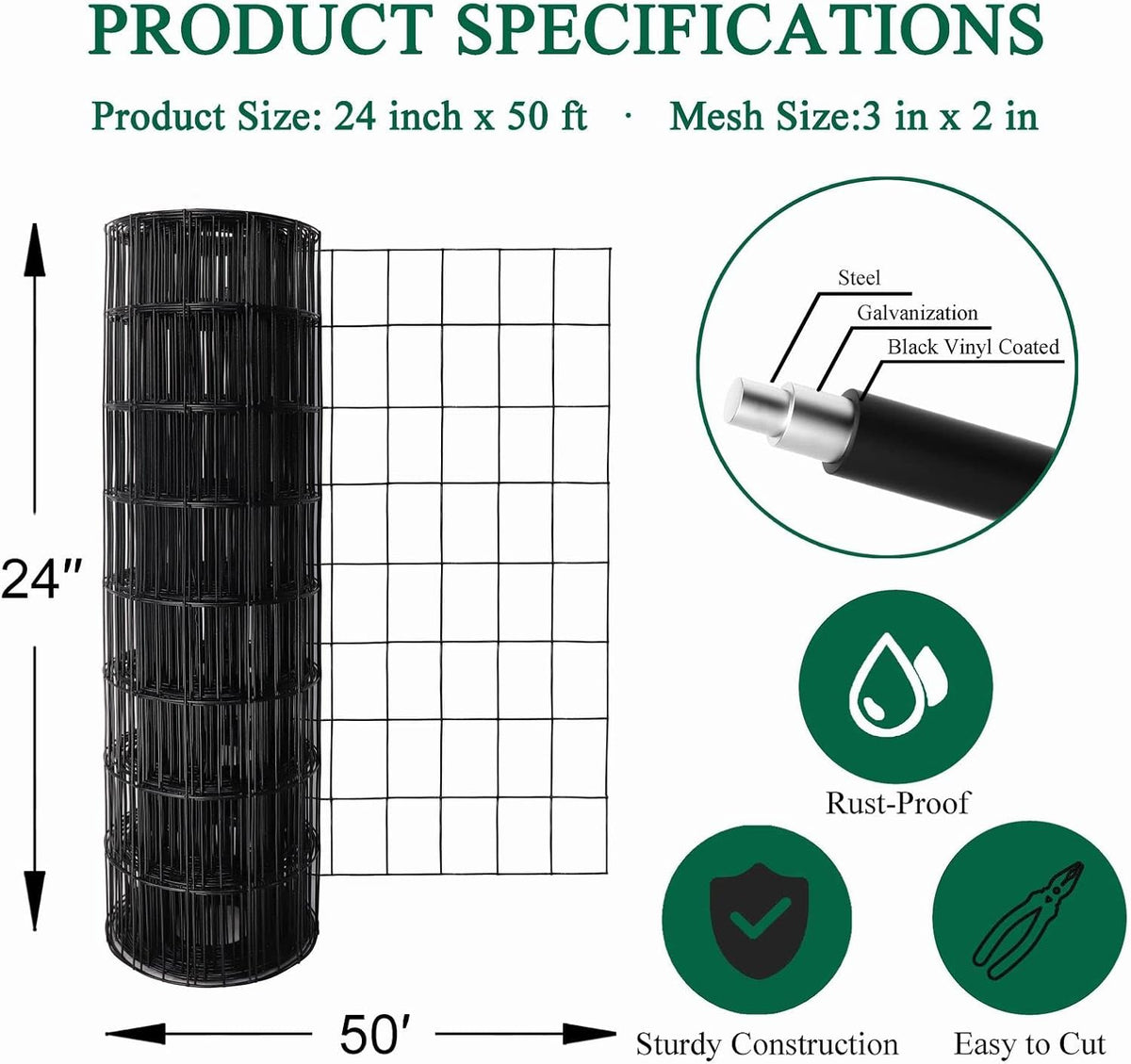 Black PVC Coated Welded Wire Fence 24 Inch x 50 Foot, 2 Inch x 3 Inch 16GA, Garden Border Fencing