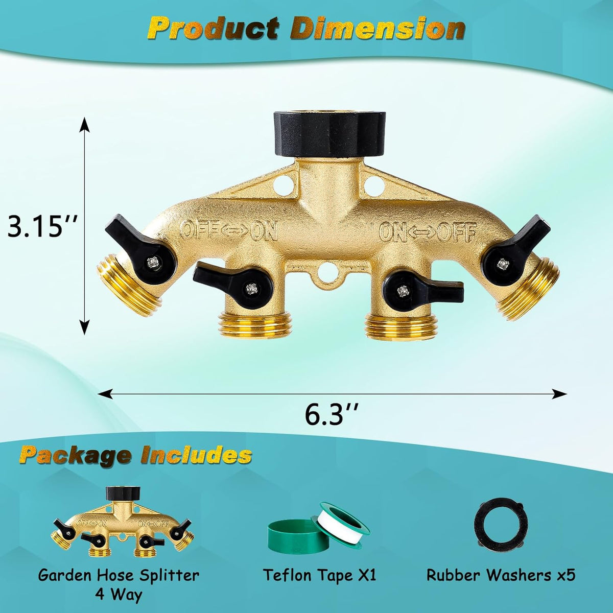 Dalmbox Garden Hose Splitter 4 Way, Water Hose Splitter, 3/4" Heavy-Duty Brass Garden Hose