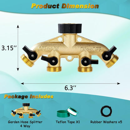 Dalmbox Garden Hose Splitter 4 Way, Water Hose Splitter, 3/4" Heavy-Duty Brass Garden Hose