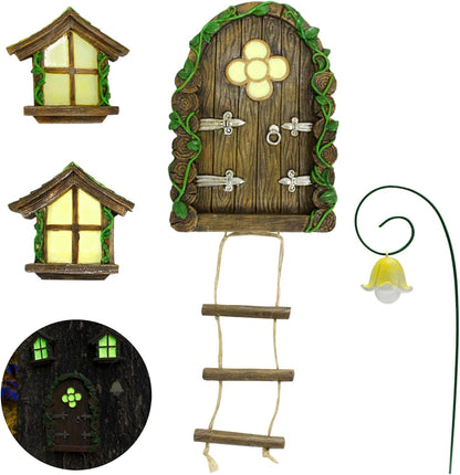 Fairy Door and Windows Garden Kit Accessories Outdoor, Glow in Dark Gnome House for Tree, Lawn Yard