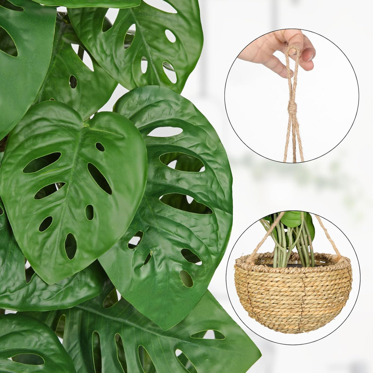 Large Fake Hanging Plants in Pot for Indoor & Outdoor, Long Artificial Monstera Albo Long Plants