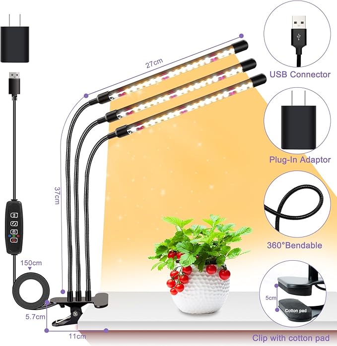 3head Plant Lights, 2Pack Grow Lights for Seed Starting, Full Spectrum Growing Lamps with Clip for