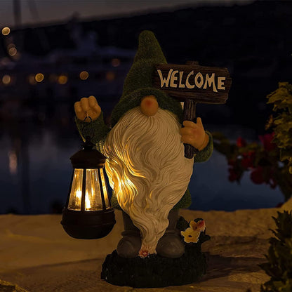 Garden Gnome Statue Outdoor Decor Large Flocked Resin Gnome Figurine with Solar Light Holding