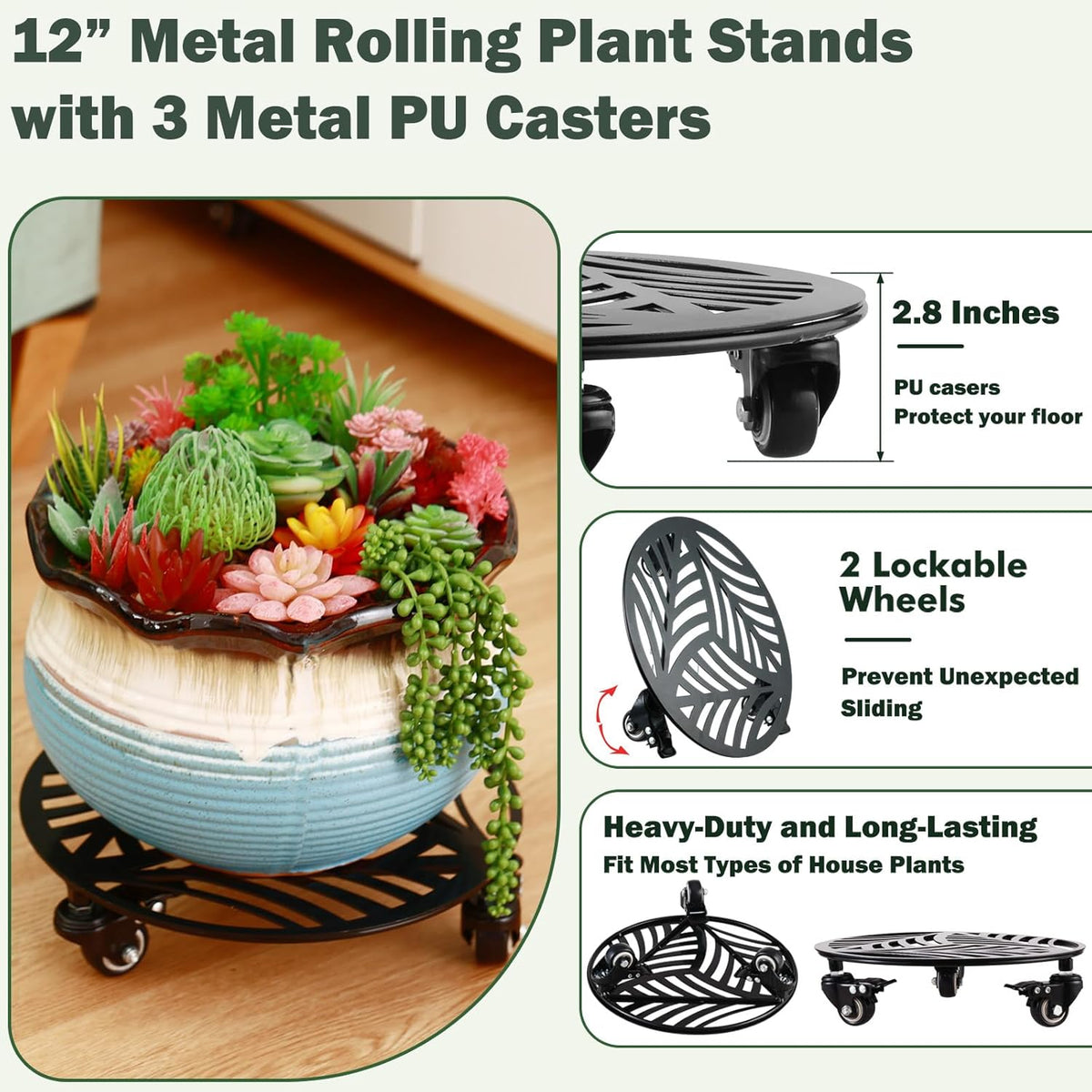 1 Pack 12 inches Large Metal Plant Caddy with 3 PU Metal Wheels Rolling Plant Stand with Casters
