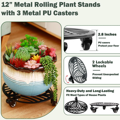 1 Pack 12 inches Large Metal Plant Caddy with 3 PU Metal Wheels Rolling Plant Stand with Casters