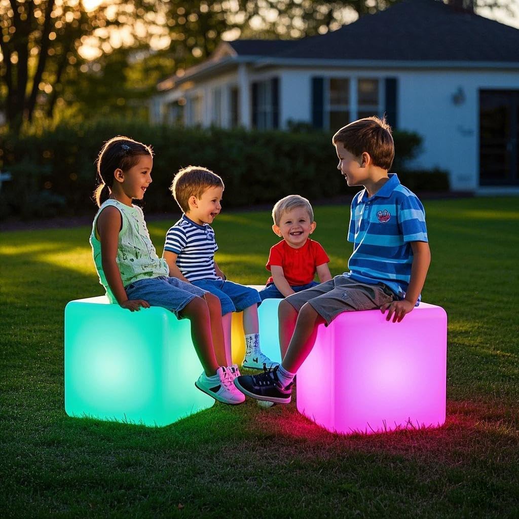 Mr.Go 14-Inch Color Changing LED Cube Light Stool, Glow Cube Seat for Kids, Modern LED Light Side