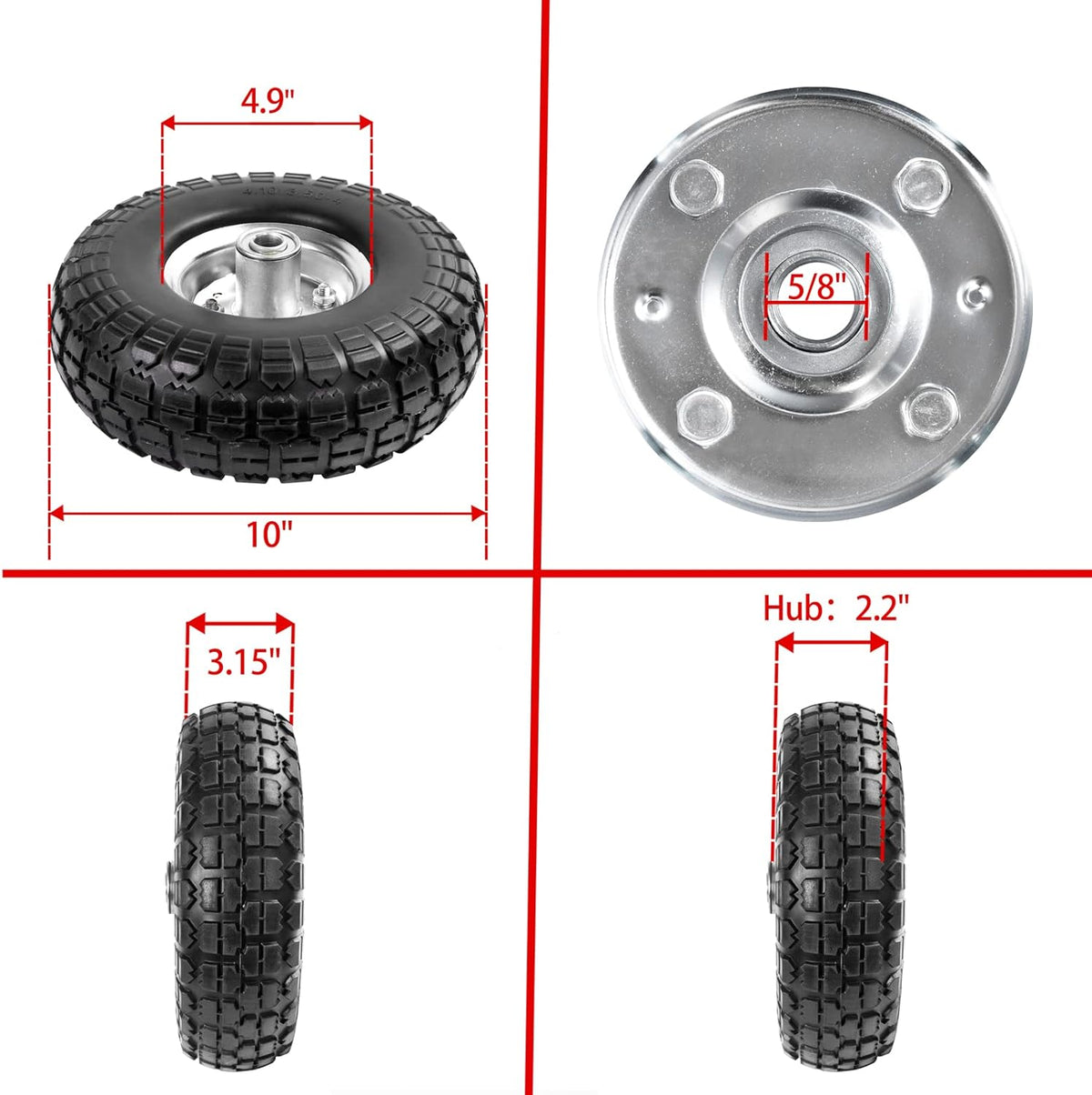 4.10/3.50-4 Tire Wheels Flat Free 10" Heavy Duty Solid Flat-Free Replacement Tire with 5/8 Axle