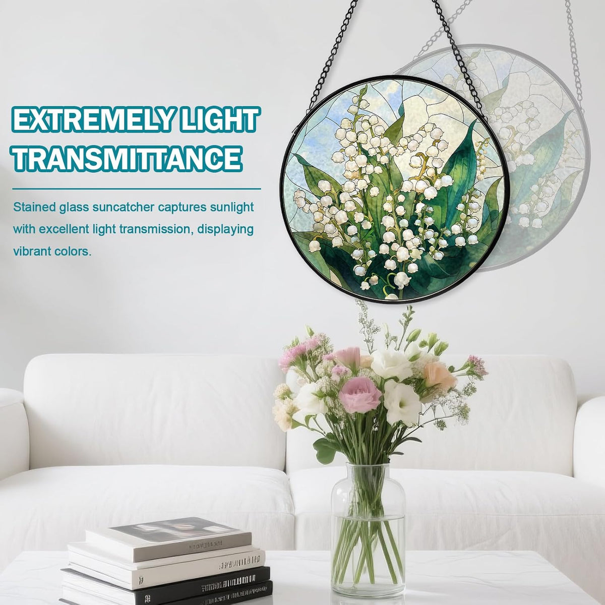 Lily of The Valley Flower Stained Glass Window Hanging, Suncatcher Diamond Glass Panel Hangings