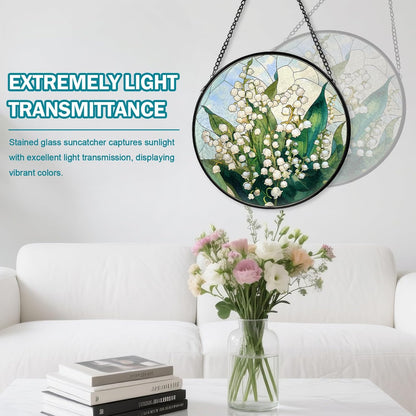 Lily of The Valley Flower Stained Glass Window Hanging, Suncatcher Diamond Glass Panel Hangings